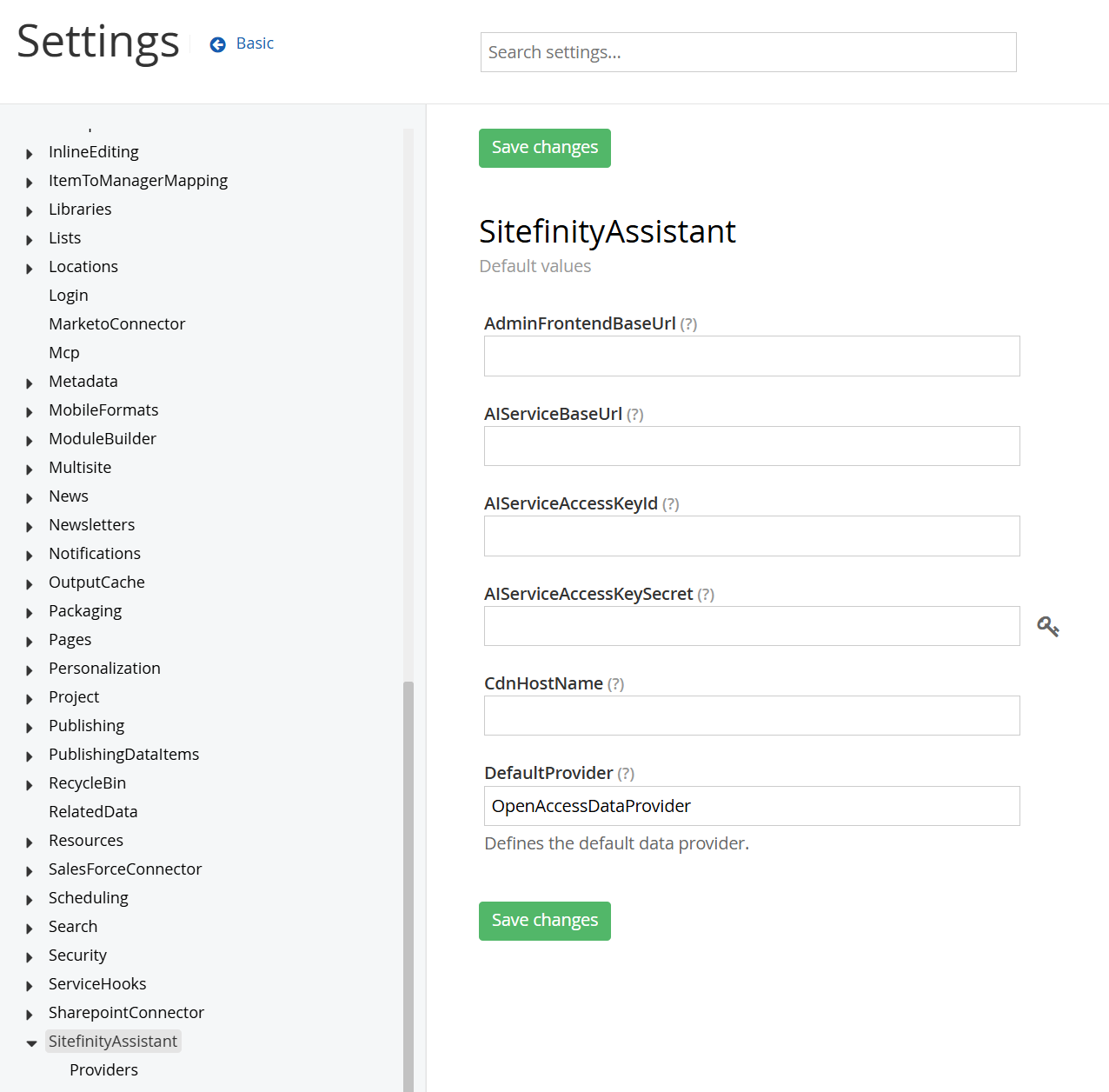Sitefinity Assistant settings