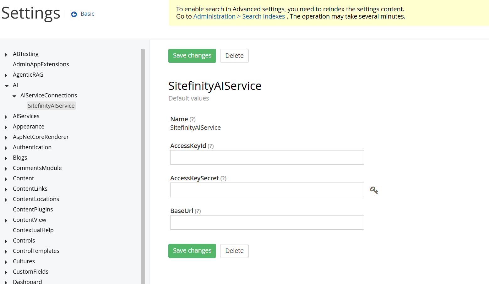 SitefinityAIService connection settings