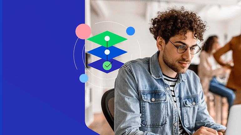 Decorative graphic man with glasses on computer