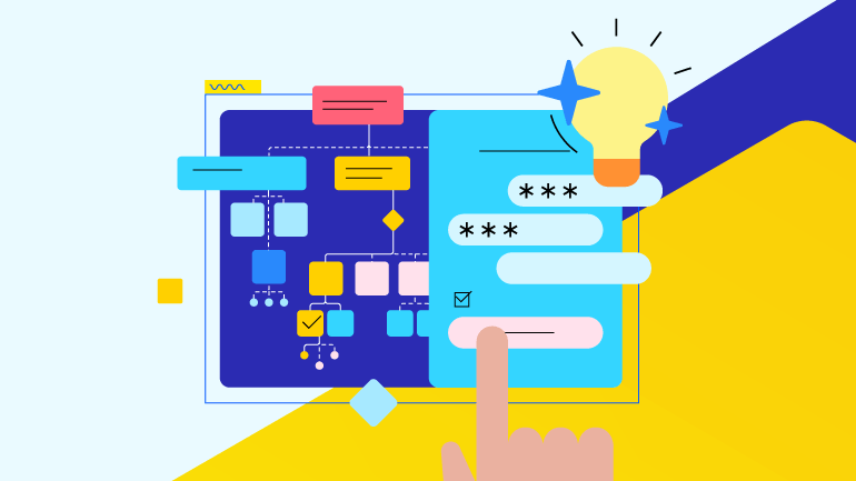 Decorative graphic with a finger clicking a device.