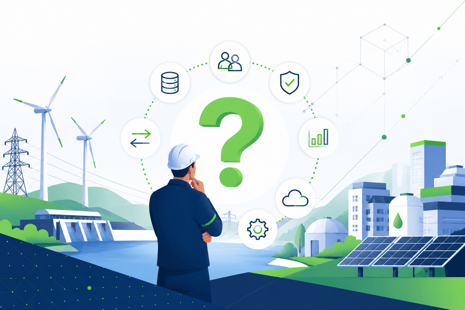 Questions Energy Leaders Should Ask Before Digital Transformation Graphic of man in hard hat looking at energy landscape with questions
