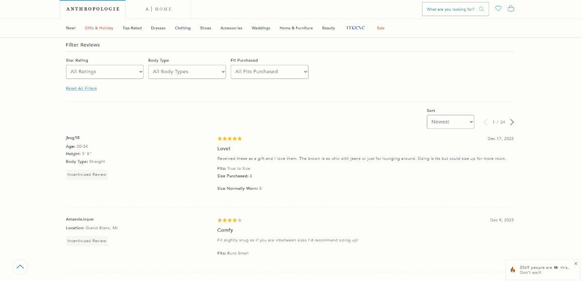 Anthropologie reviews A screenshot of the reviews for the UGG Tazz II Platform Slippers on the Anthropologie website. We see dropdown selectors for Star Rating, Body Type, and Fit Purchased. Below the filters are two ratings — one a 5-star, the other a 4-star.