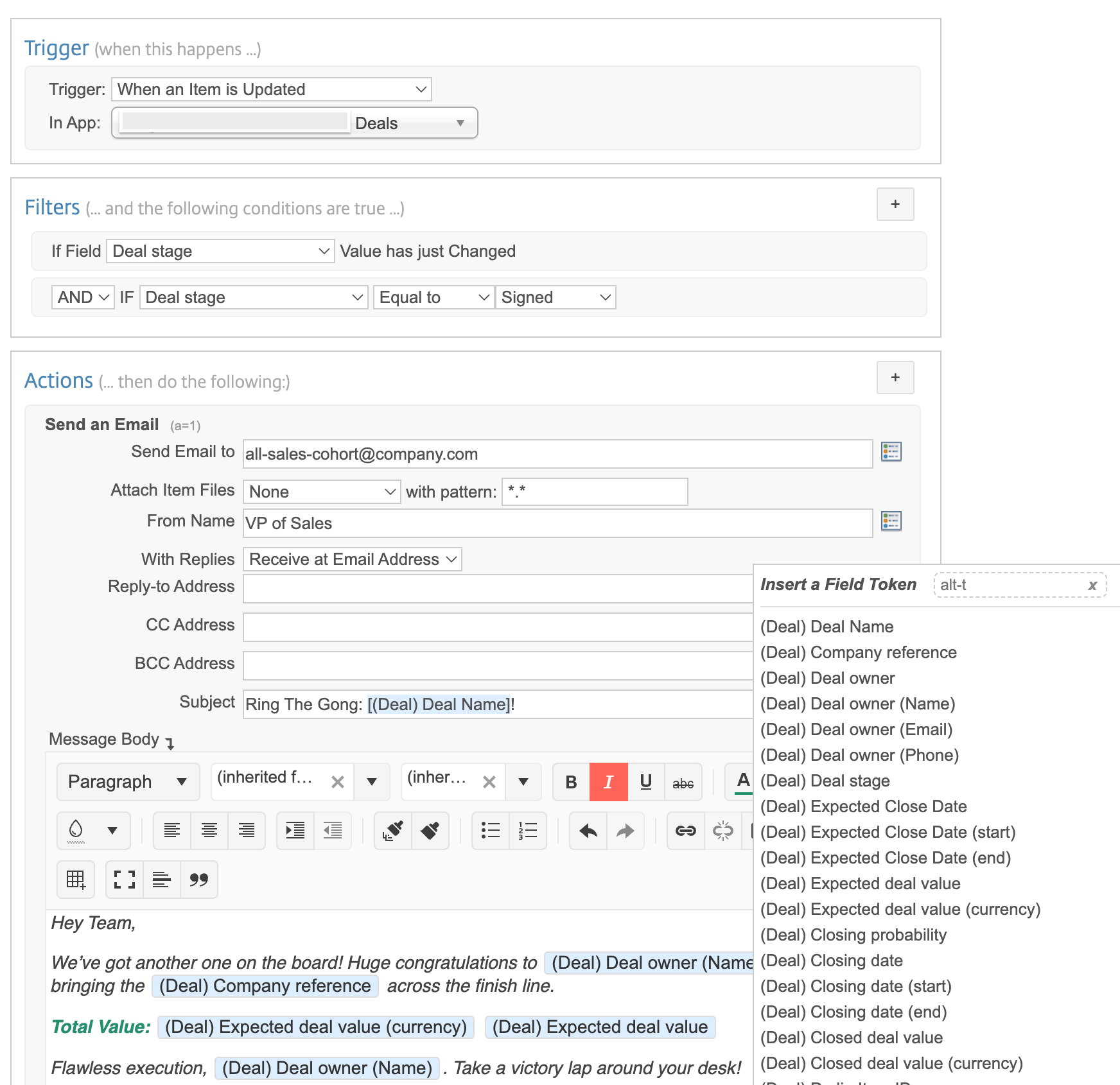 Podio workflow to send email notice to company