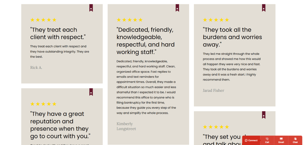Mayer & Newton testimonials The Reviews page for Mayer & Newton. Here we see a masonry grid of tan-colored blocks containing five-star reviews from customers. There’s a snippet from each testimonial at the top in bigger font with the rest of the quote in normal-sized font below it.