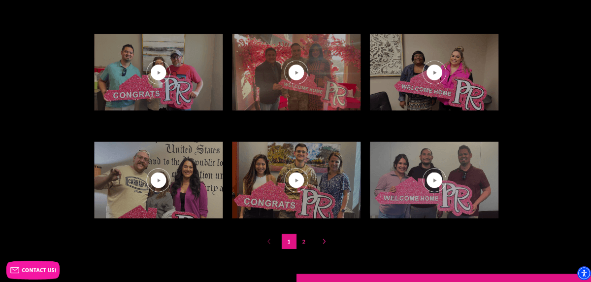 Pink Realty video testimonials At the top of the Testimonials page on the Pink Realty website is a section devoted to video testimonials. Here we see two rows and three columns of video testimonial blocks. Below them is a scroll navigation that reveals there’s a second page.