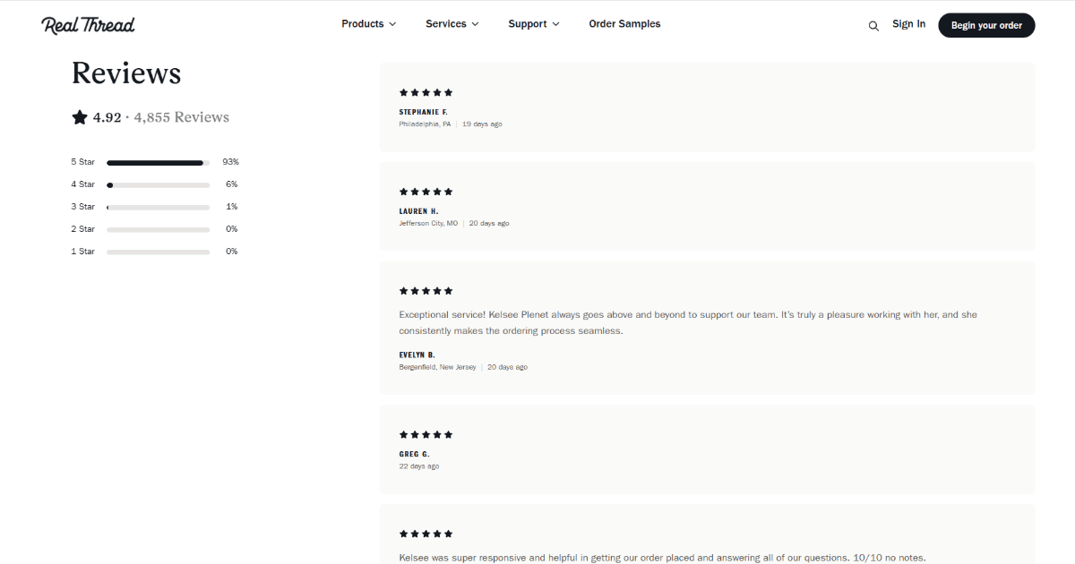 Real Thread Reviews This is the Reviews page on the Real Thread website. On the right is the summary of the reviews: 4.92 stars and 4,855 reviews. On the right are light gray-colored blocks containing individual reviews with their star rating, reviewer name, quote and time.