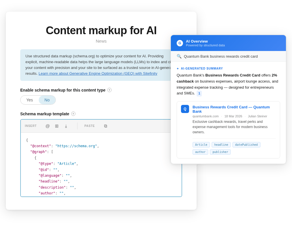 CMS schema markup configuration panel paired with a mock AI Overview card showing how structured data enables LLMs to cite and surface content in AI-generated search results.