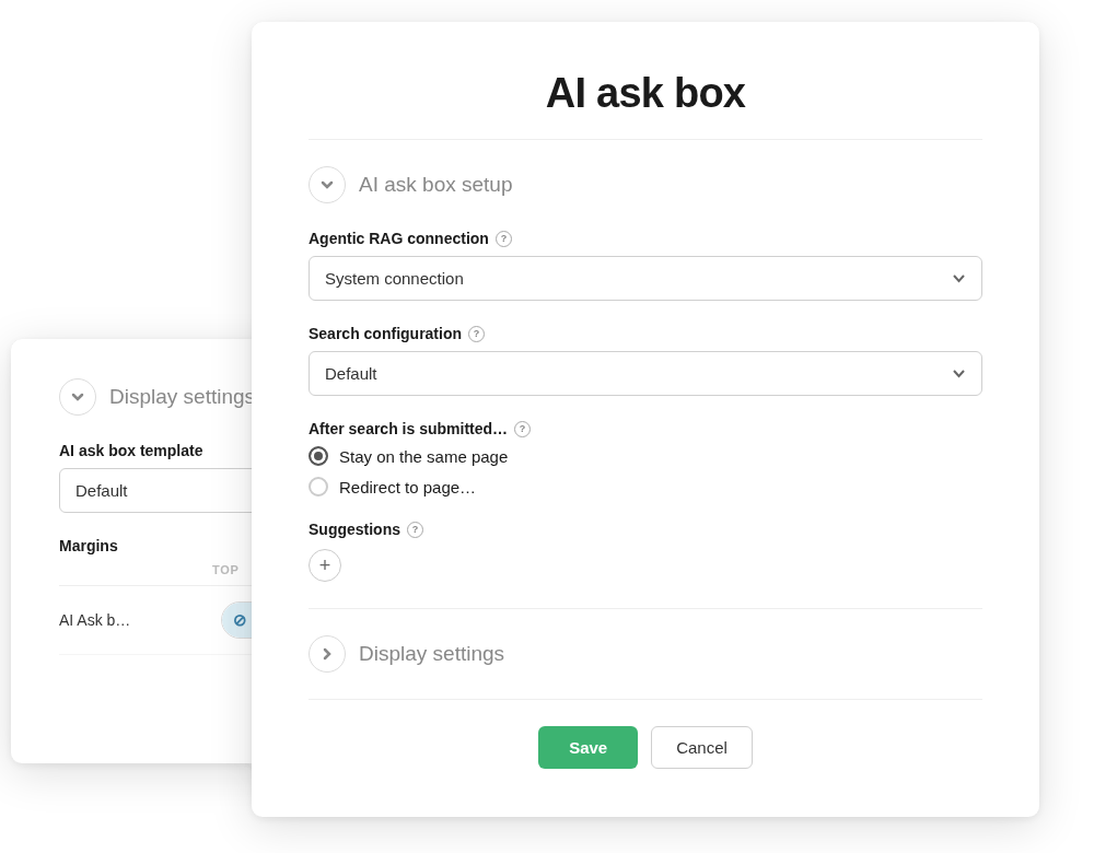 CMS AI ask box configuration panels showing agentic RAG connection setup and display settings for dynamic page search experiences.