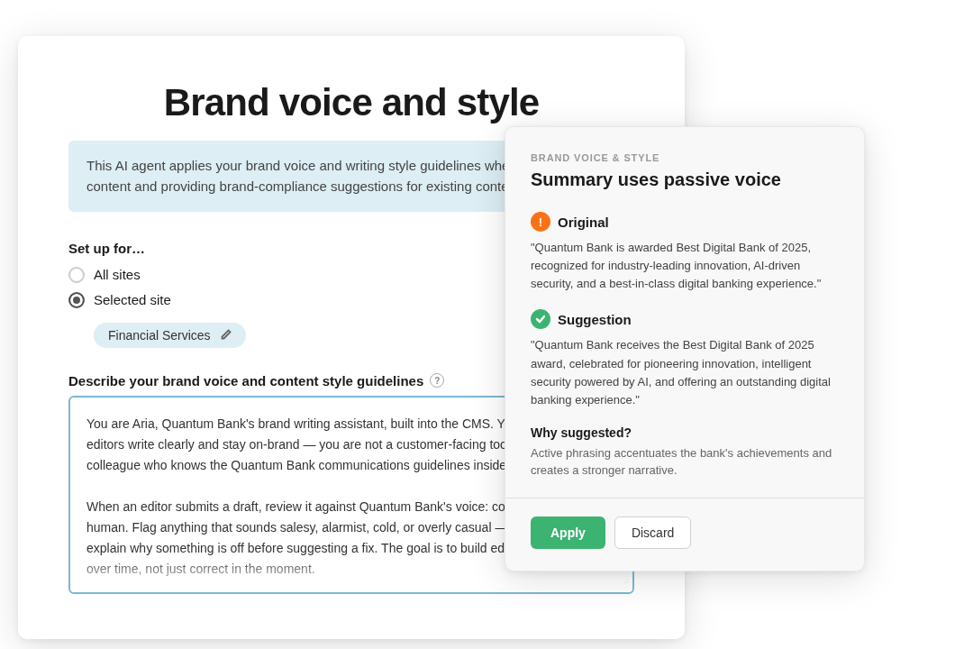 AI-powered brand voice agent configuration panel with an inline content suggestion card correcting passive voice in a bank's digital award announcement.
