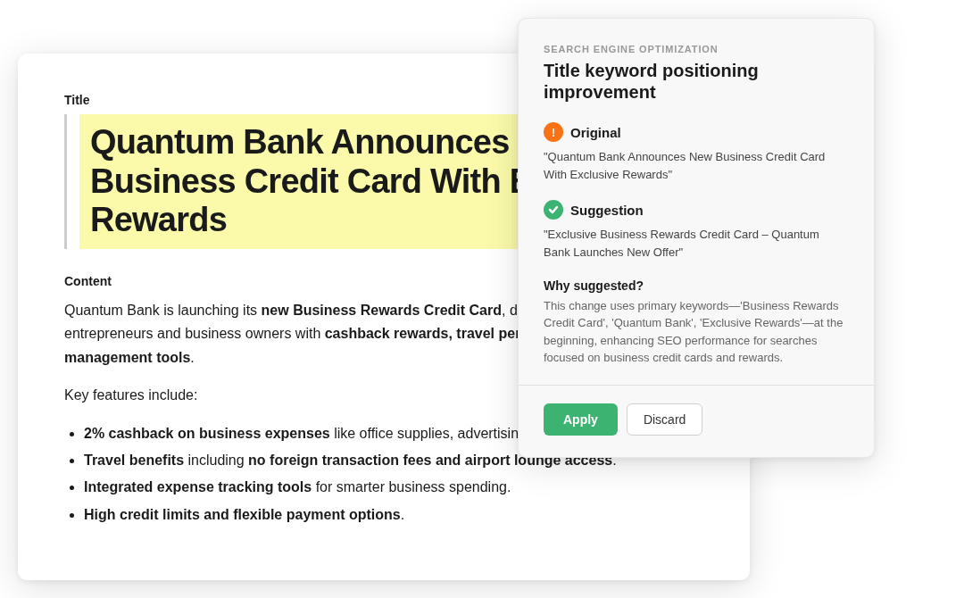 CMS SEO agent suggesting keyword-first title rewrite for a bank's business credit card page to improve search ranking.