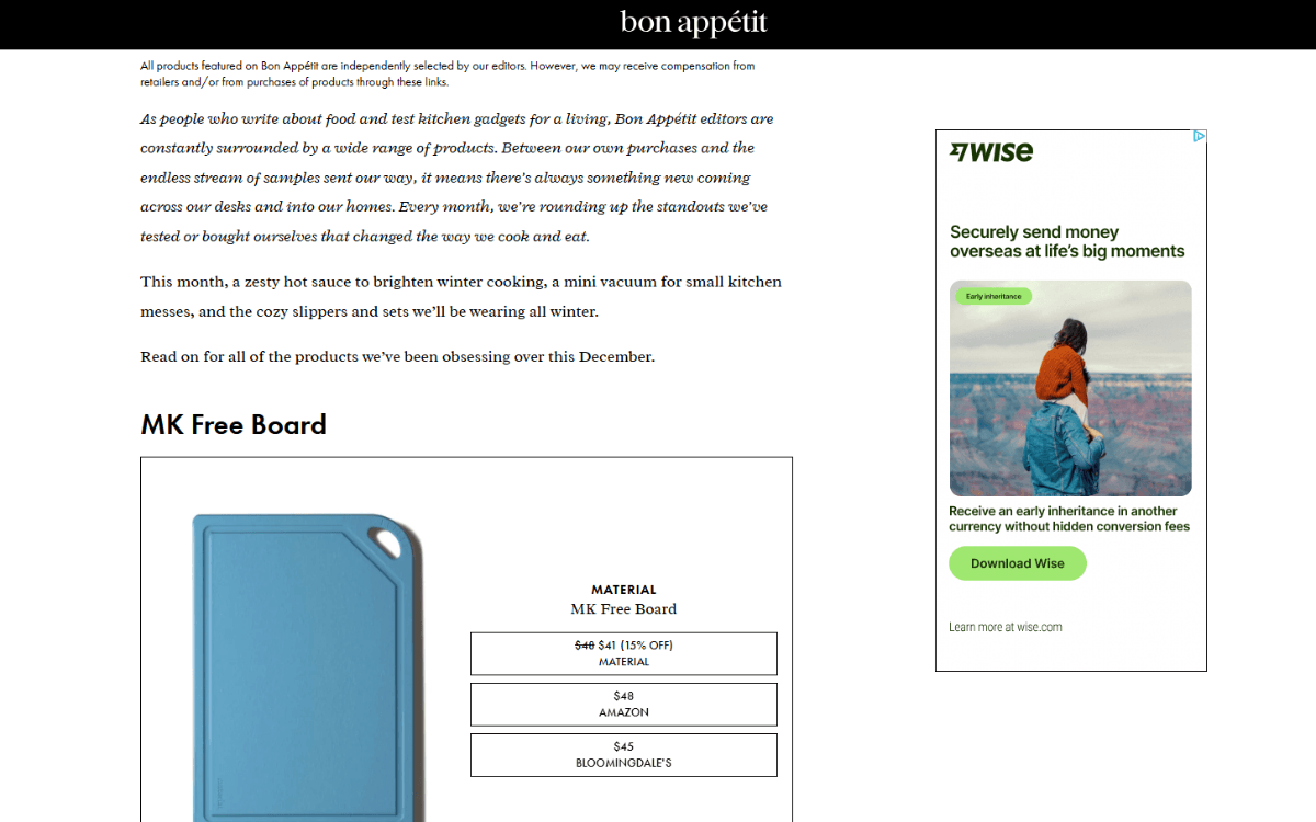 A screenshot of an article on the Bon Appetit website. On the right side is a white sidebar containing an ad for Wise: “Securely send money overseas at life’s big moments”. The ad is long and takes up about half the length of the visible sidebar.