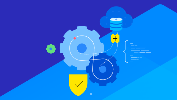 Decorative graphic with gears and a shield