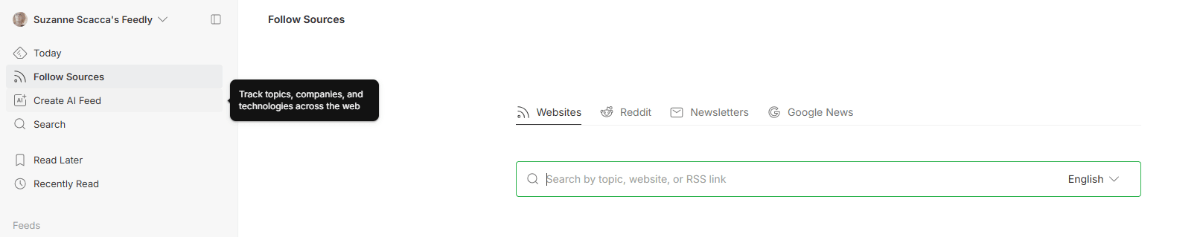 Before clicking on a link in the Feedly toolbar, users will see a hover-triggered tooltip. For example, when a user hovers over “Create AI Feed”, the following description appears: “Track topics, companies, and technologies across the web”.