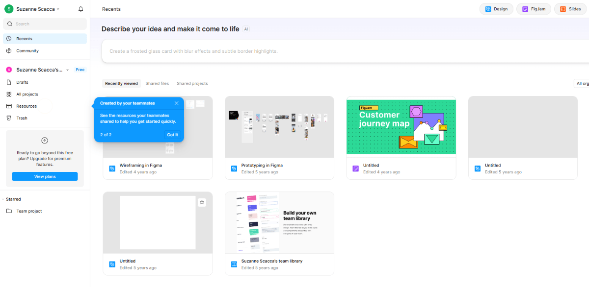 Figma points out new or important features to users using blue-colored tooltips. This one points to the Resources link in the sidebar and says “Created by your teammates”.