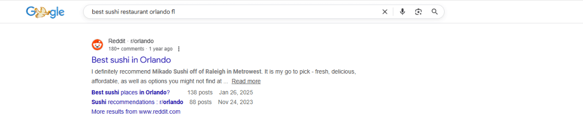 A search for “best sushi restaurant orlando fl” in Google. Here we see a matching Reddit result in the r/orlando subreddit called “Best sushi in Orlando”. Below the page description are links to three other results that might provide good answers.