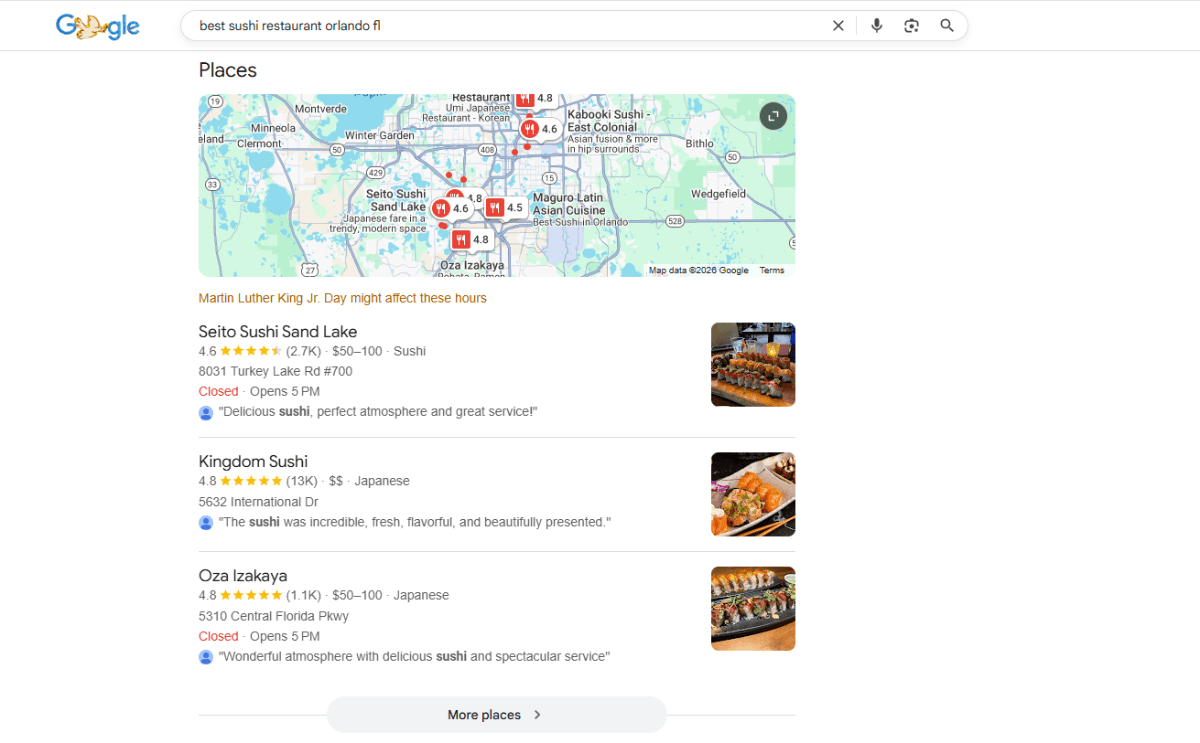 A search for “best sushi restaurant orlando fl” in Google. The Places section shows a map of Orlando with pinned results. Below it are three top recommendations for Seito Sushi Sand Lake, Kingdom Sushi, and Oza Izakaya.