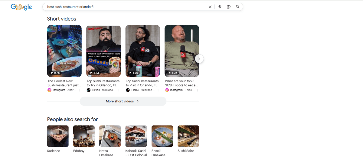 A search for “best sushi restaurant orlando fl” in Google. We see a carousel block of Short videos. Two are on Instagram and two are on TikTok. Users can scroll through to find other videos or click “More short videos” to find video recommendations from locals and influencers. Below this is a small section for “People also search for” with names of restaurants.
