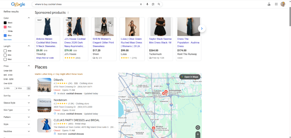 A search for “where to buy cocktail dress” in Google. The top of the search engine results page shows a carousel of matching Sponsored products. To the left, users can refine results using filters like color, length, and price. Below the products is an embedded Google map showing nearby Places.