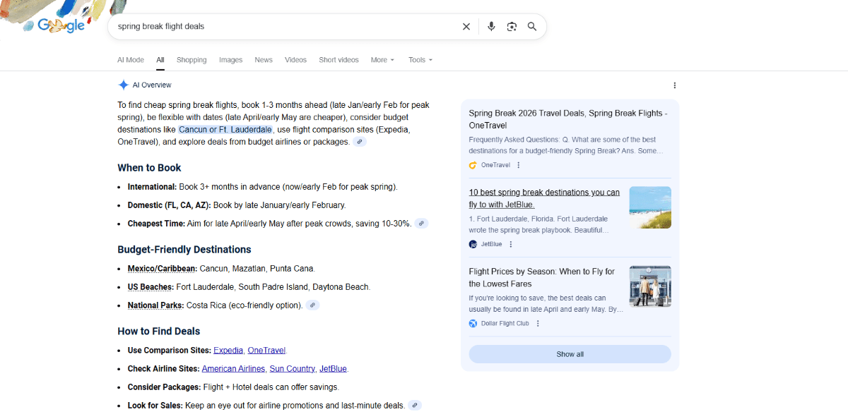 A search for “spring break flight deals” in Google. The first results is the AI Overview which explains “When to Book”, “Budget-Friendly Destinations”, and “How to Find Deals”. On the right is a sidebar with links to sources.