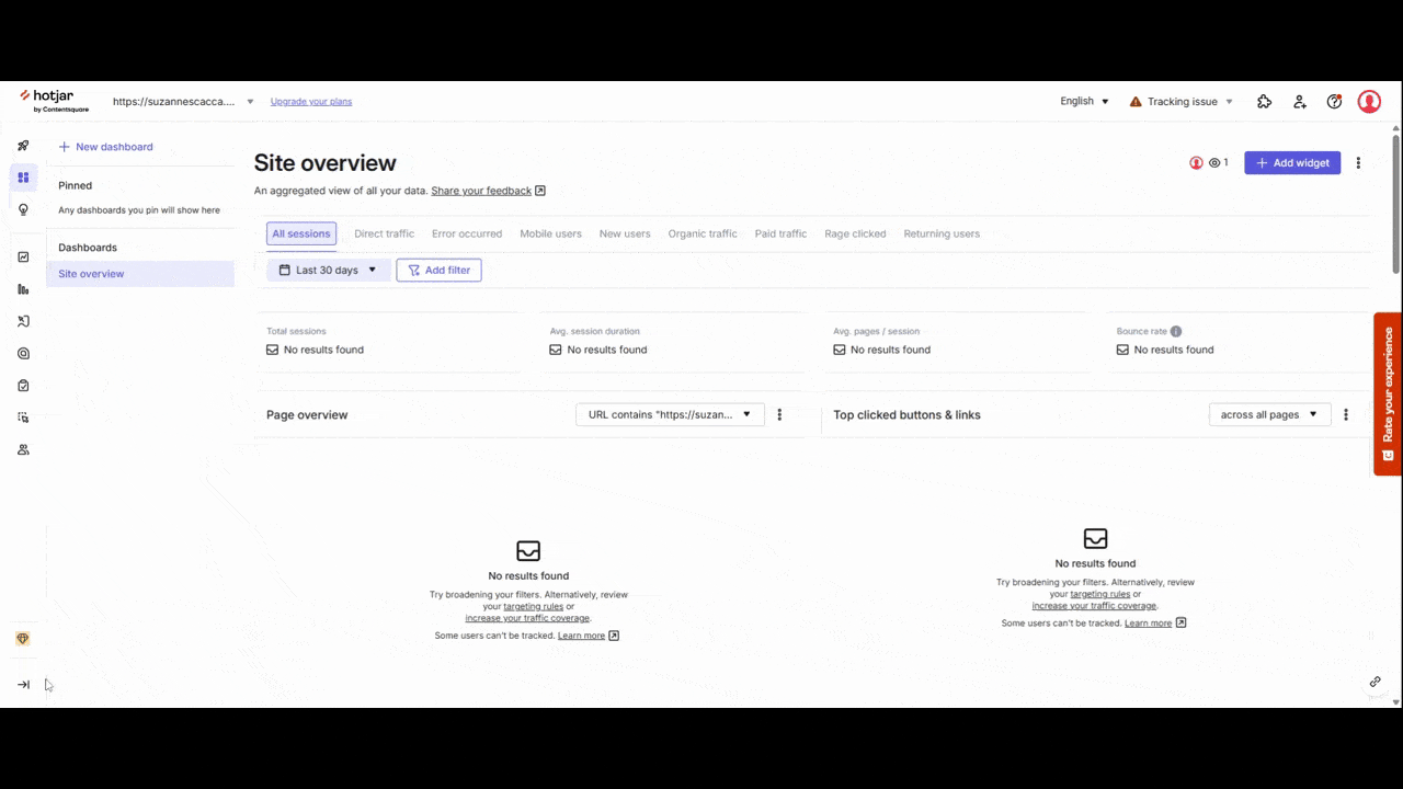 Users new to Hotjar can access the Get started checklist from the top toolbar tab. On this page are four steps: Take a tour, Collaborate with your team, Integrate with your most used tools, Secure your account.
