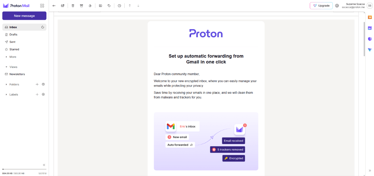 After a user signs up for Proton Mail, they receive an email that reads “Set up automatic forwarding from Gmail in one click”. The email briefly describes the benefits of doing so and then explains how to complete the process.
