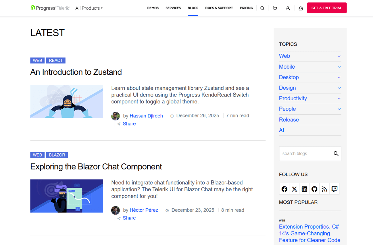 A screenshot of the Telerik blog page shows a sidebar against a light grey background. There are topic categories and links for Web, Mobile, Desktop, Design, Productivity, People, Release, and AI. Below it is a search bar. And beneath that is a FOLLOW US section with icons for Facebook, X, LinkedIn, GitHub, RSS, and Twitch.
