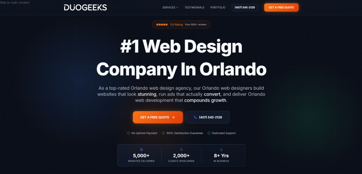The homepage hero section for the Duogeeks website has a dark solid background. Over the top of it the text reads “#1 Web Design Company in Orlando”. There’s a description about the top-rated agency below it. And beneath this are two buttons: “Get a Free Quote” as well as the company’s phone number. In smaller and lighter text are a number of trust marks that surround this main content.