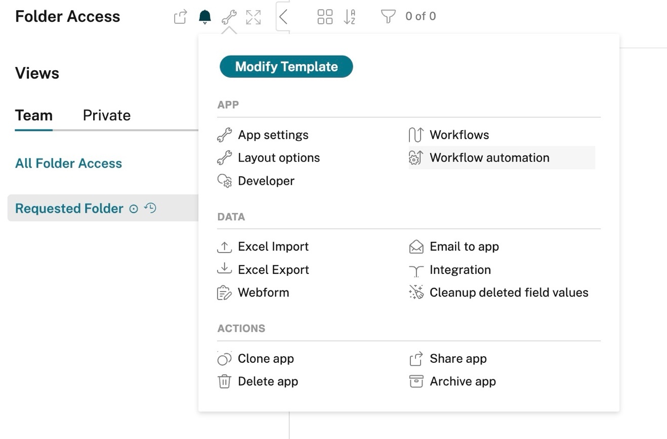 Podio workspace menu - wrench icon for app settings - Workflow Automation