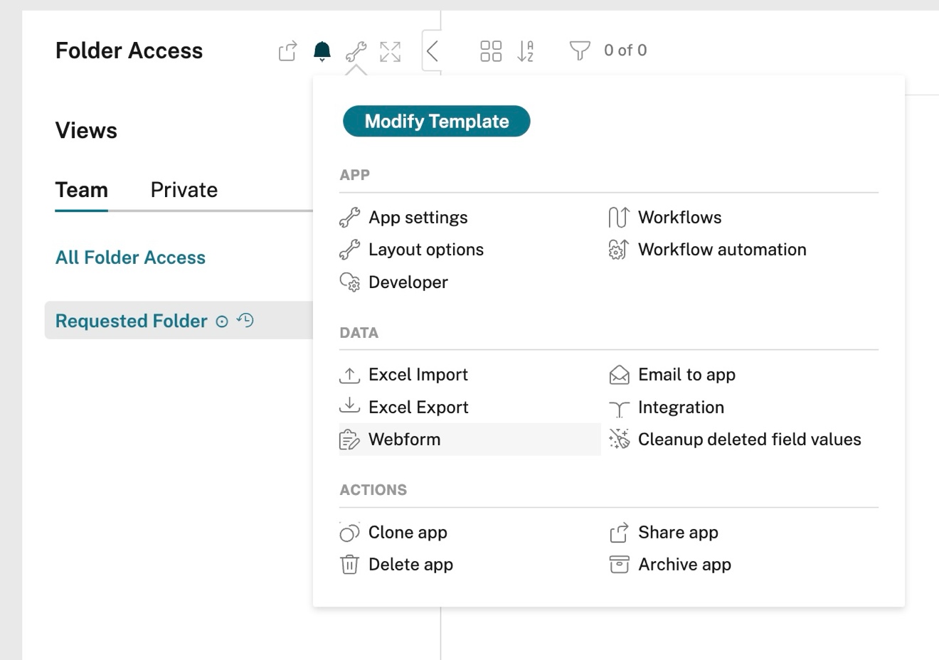 Folder Access Requests app menu with Webform item listed in Podio
