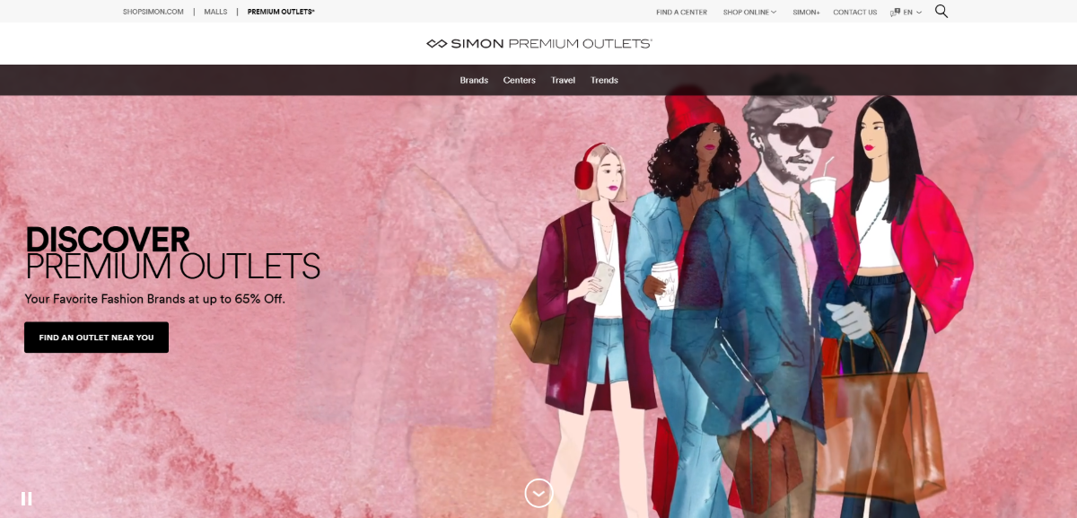The homepage hero section for the Premium Outlets website on desktop has a soft pink background and hand-drawn illustrations of shoppers that move in and out of view on the right. To the left of them is text that reads “Discover Premium Outlets: Your Favorite Fashion Brands at up to 65% Off.” There’s a black button that reads “Find an Outlet Near You”.