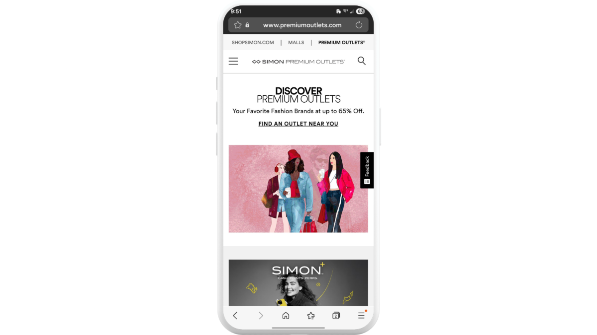 The homepage hero section for Premium Outlets on mobile has a short white section at the top with text that reads “Discover Premium Outlets: Your Favorite Fashion Brands at up to 65% Off”. There’s a text link below that says “Find an Outlet Near You”. Beneath this section is an animated video with illustrations of shoppers.