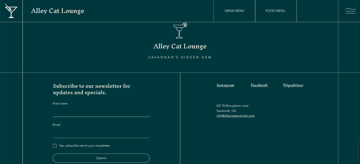 Alley Cat Lounge homepage A screenshot from the homepage on the Alley Cat Lounge website. We see the grid lines around the header–which contains the logo, Drink Menu button, Food Menu button and hamburger menu icon–the page gutters and the footer section.
