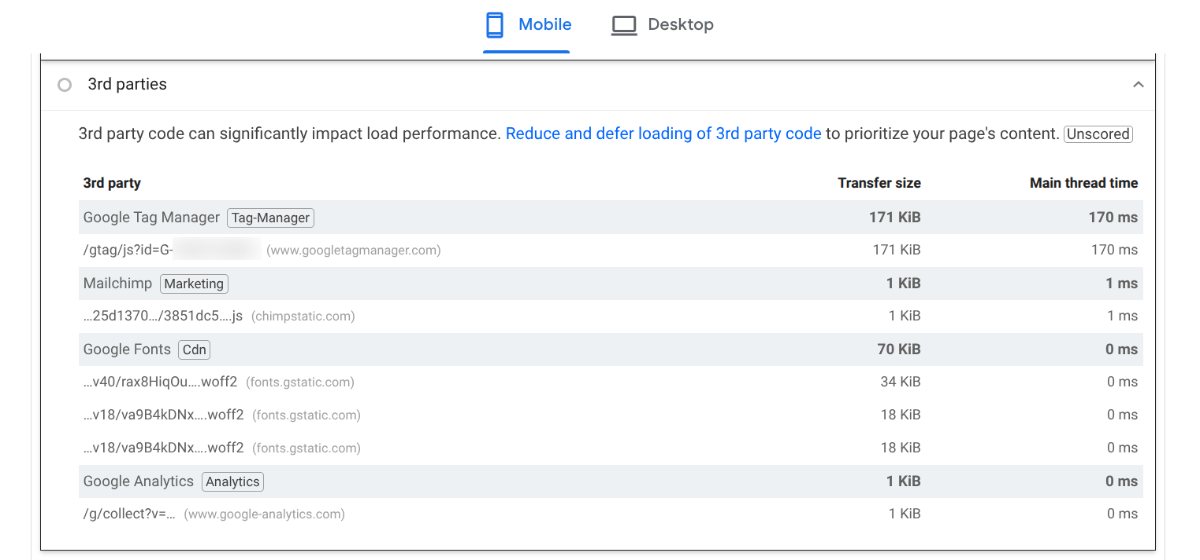 Google Performance: 3rd Parties Google PageSpeed Insights provides a list of 3rd parties whose code is impacting load performance. They include Google Tag Manager, Mailchimp, Google Fonts, and Google Analytics.
