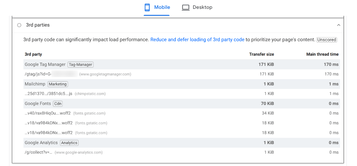 Google Performance: 3rd Parties Google PageSpeed Insights provides a list of 3rd parties whose code is impacting load performance. They include Google Tag Manager, Mailchimp, Google Fonts, and Google Analytics.