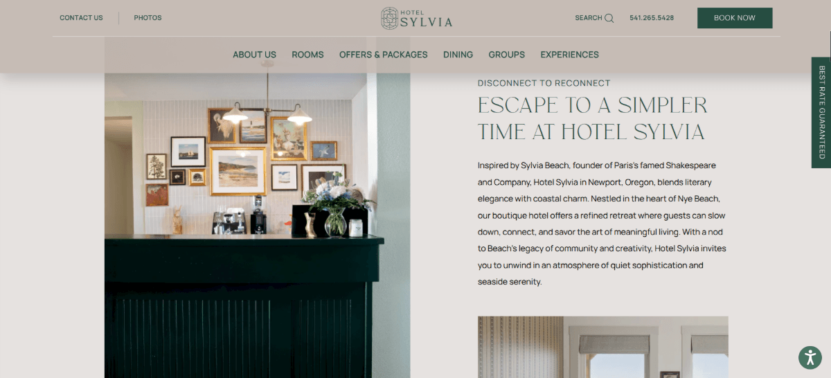 Hotel Sylvia homepage A screenshot from the homepage on the Hotel Sylvia website. This section is entitled “Escape to a Simpler Time at Hotel Sylvia”. The background is an earthy taupe color with accents of green. The asymmetric layout utilizes clean lines and white space to keep the design looking elegant instead of sloppy.