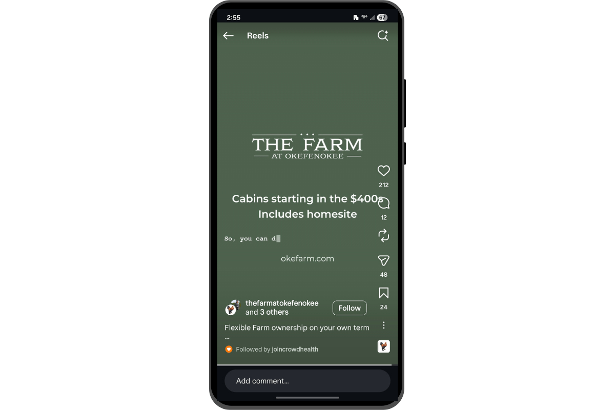 Screenshot from a video posted to @thefarmatokefenokee Instagram page. Here we see the farm’s logo and a line that reads “Cabins starting in the $400s. Includes homesite”. It’s then followed by the URL okefarm.com.