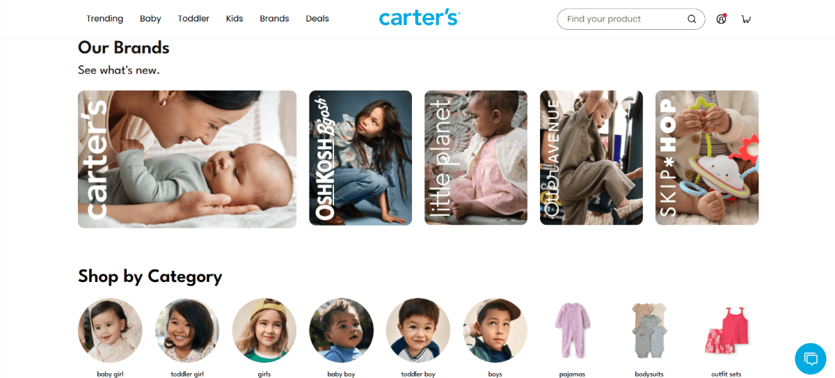 In this screenshot, we see “Our Brands”. Carter’s shows a mom snuggling up to a baby in a onesie, OshKosh B’gosh shows a girl in jeans posing on the floor. Little planet shows a toddler wearing a pink dress and white sweat. Otter Avenue shows a little girl wearing a grey jumpsuit, playing around. And Skip*Hop shows a close-up of a baby wearing a sweater and playing with a toy.
