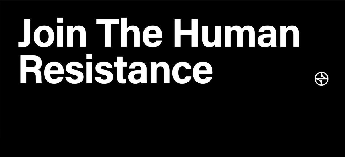 Below the fold on the FUAI Sucks website is this message: “Join the Human Resistance”. It’s all white text against a black background. With the exception of a small logo on the right, there is nothing else visible in this section.