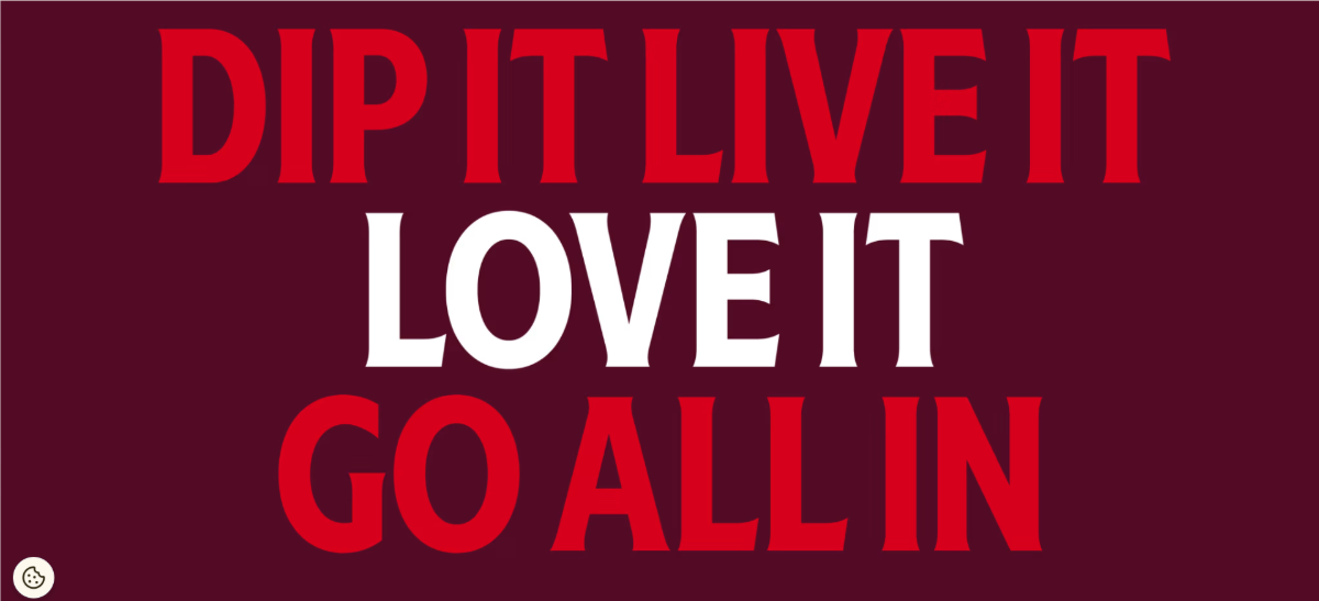 A section on the Heinz Homepage says “Dip It Live It Love It Go All In”. It’s set against a dark red background. The text uses a brighter red lettering for the message with the exception of “Love It” which is white.
