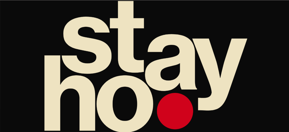 The hero section on the Hourly App homepage. We can’t see the headline in its entirety here. All we see are the letters “stay” which angle downwards from the top-left and “ho” which are smushed up close to the letters “st”. There’s a red dot after the letter “o”.