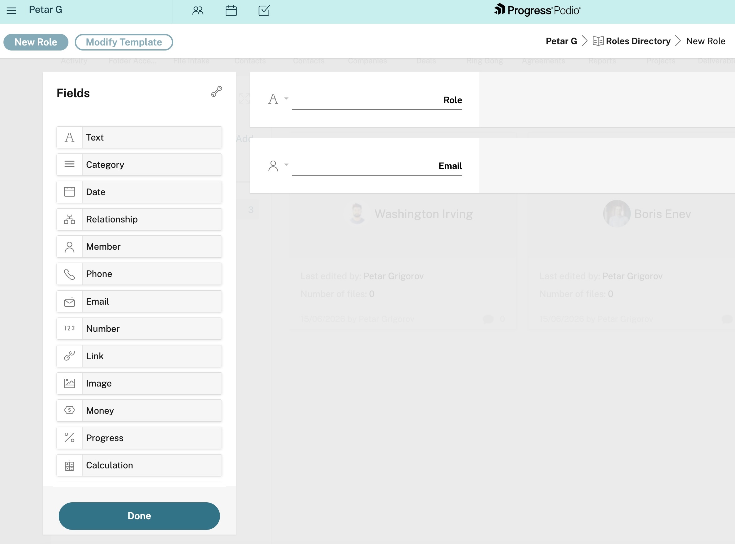 Podio fields for role and email
