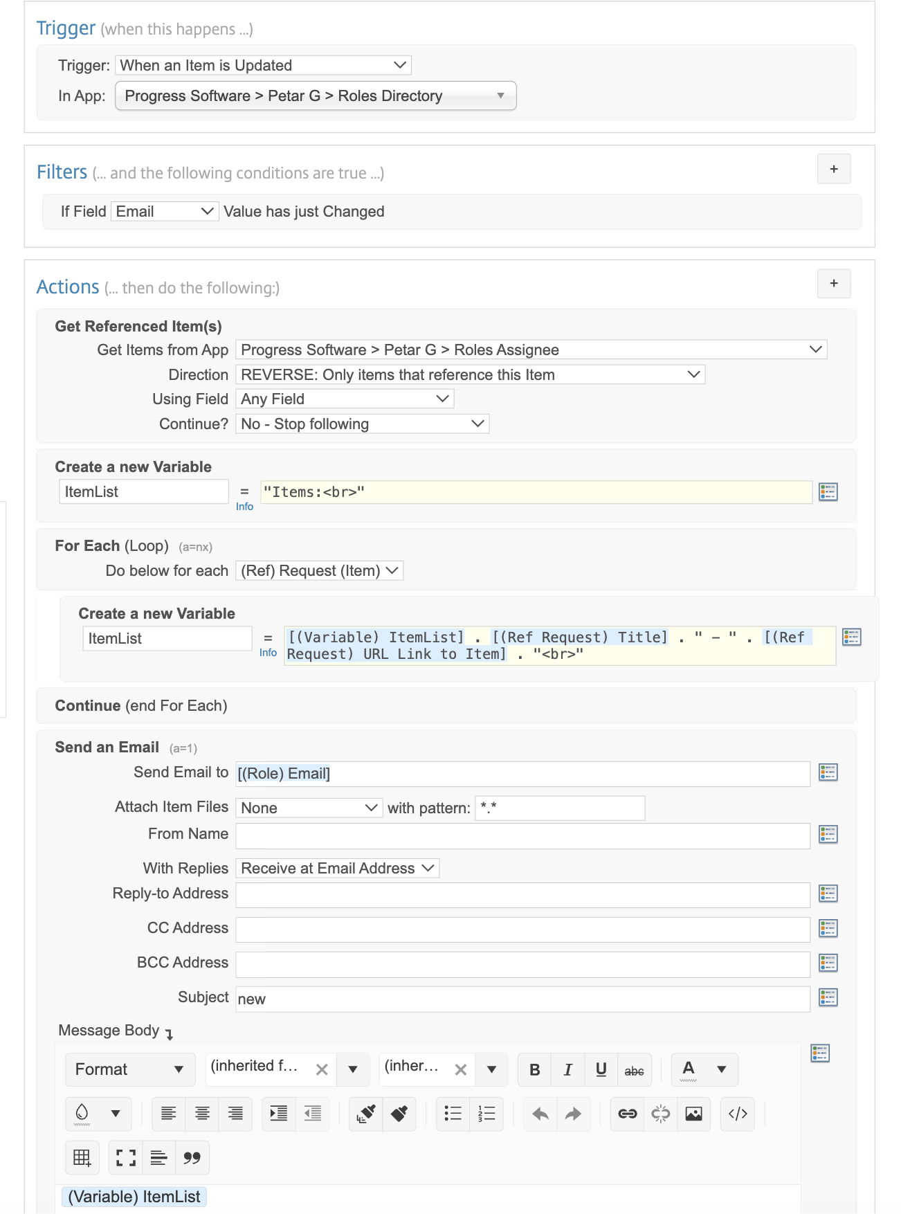 Podio app with trigger, filters, actions all set as described
