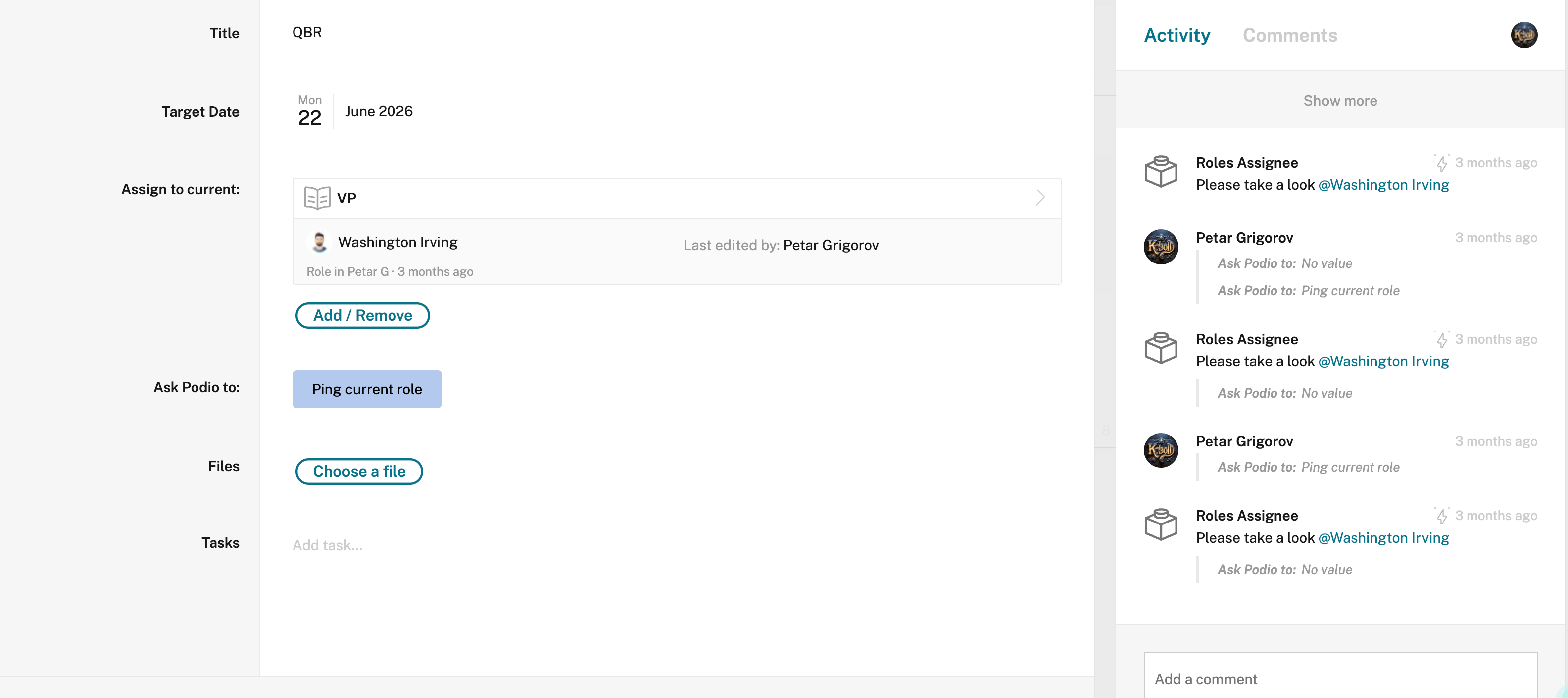 Podio item and roles assignee activity