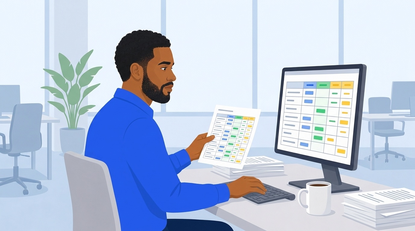 Illustration: Marcus enters data in a spreadsheet