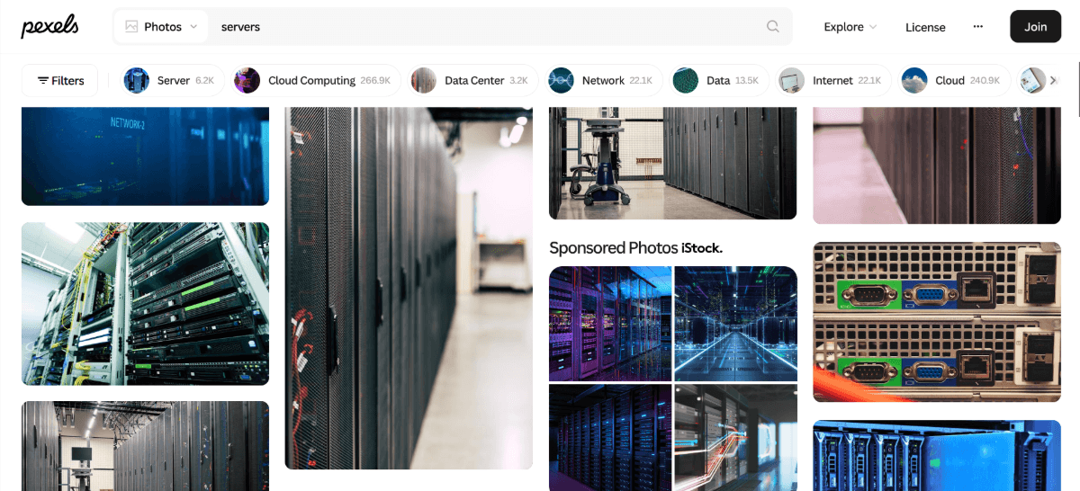 A search for “servers” on the Pexels stock photography website shows a gallery of web server photography.