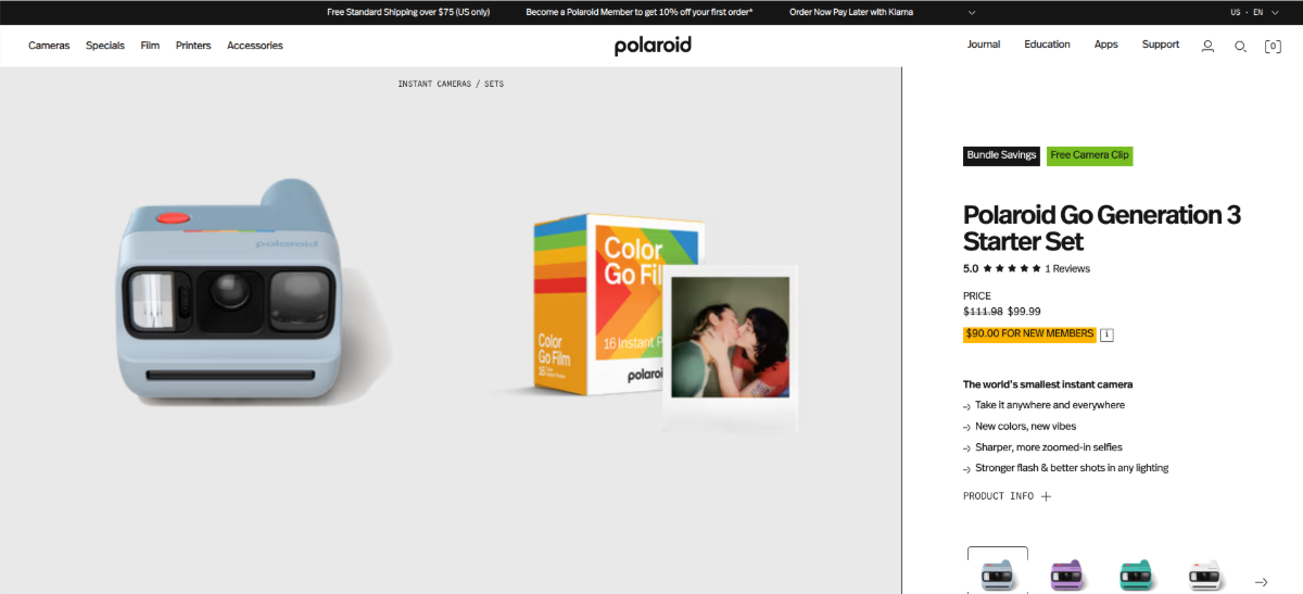 A screenshot of the Polaroid Go Generation 3 Starter Set product page on the Polaroid website. On the left is a picture of the camera and the film that comes with it. On the right is the description. The title is in a large, bolded font. The rest of the description is done up in much smaller text—appearing to be around 12px.