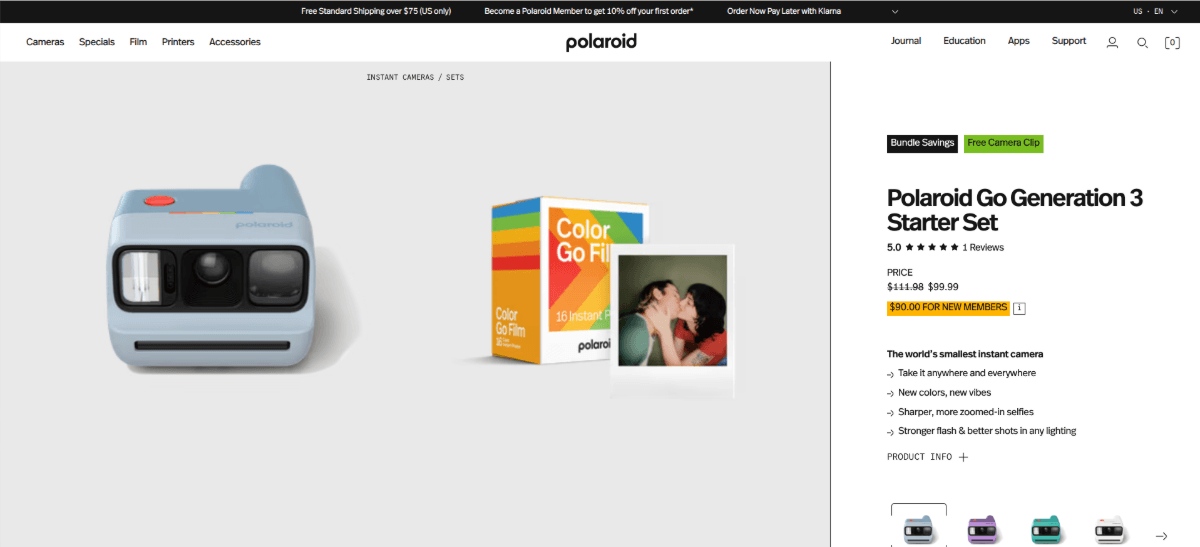 Polaroid typography A screenshot of the Polaroid Go Generation 3 Starter Set product page on the Polaroid website. On the left is a picture of the camera and the film that comes with it. On the right is the description. The title is in a large, bolded font. The rest of the description is done up in much smaller text—appearing to be around 12px.
