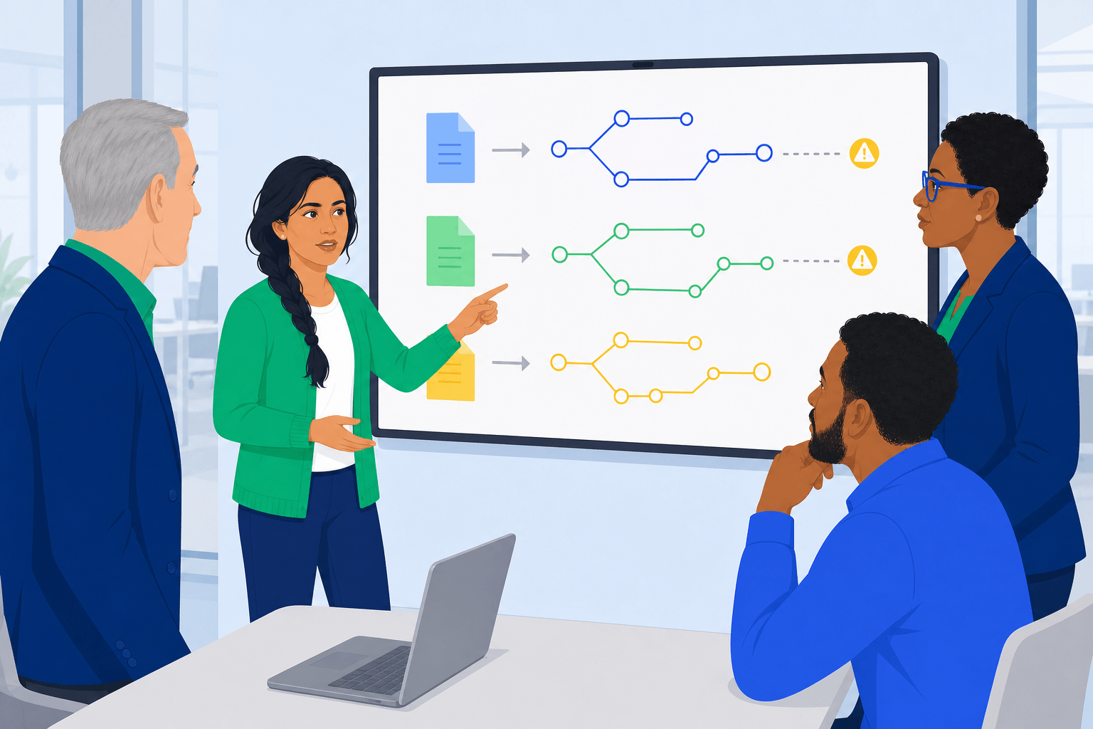 Illustration: Priya stand at white board discussing system with the team