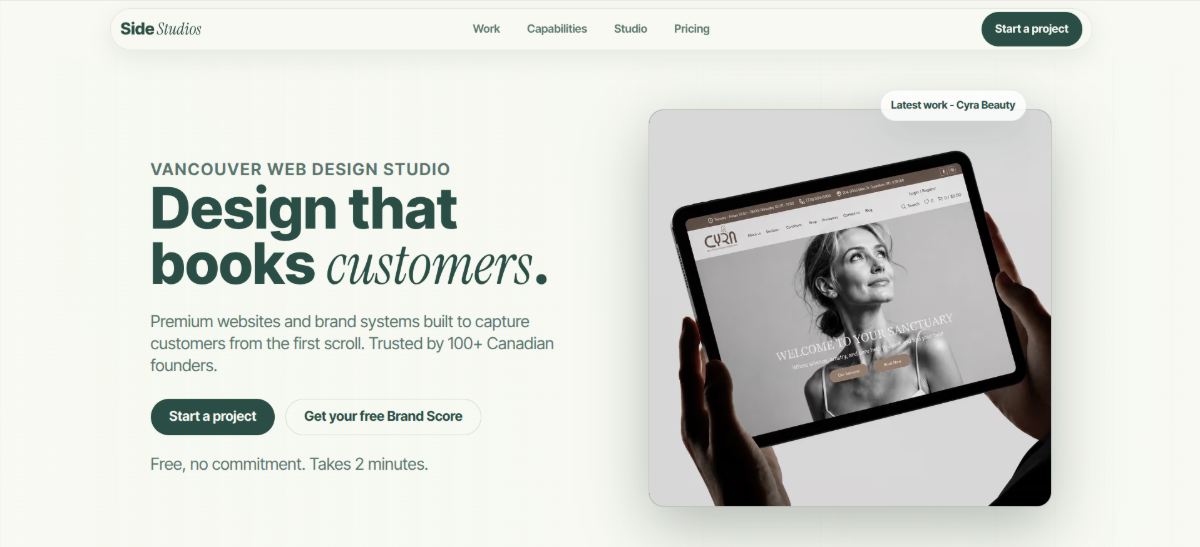 The hero section on the Side Studios homepage. Here we see the following H1 heading: “Design that books customers.” The word “customers” is in a light italic font while the rest uses a normal heavier font.