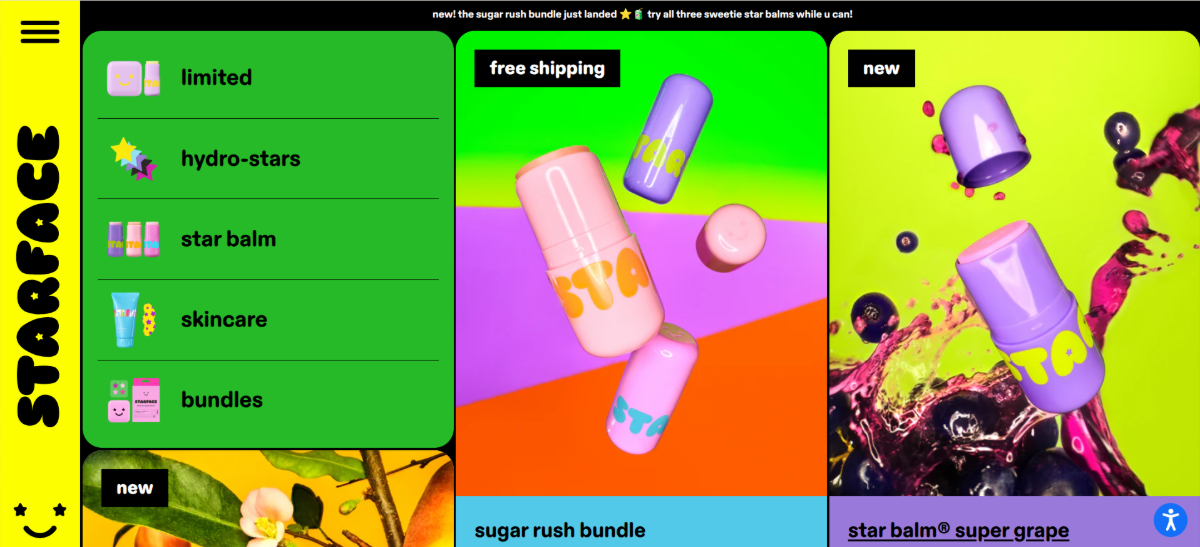 On the Starface World homepage, the product category headings, product names, labels and even the notification bar message are written in all lowercase lettering.